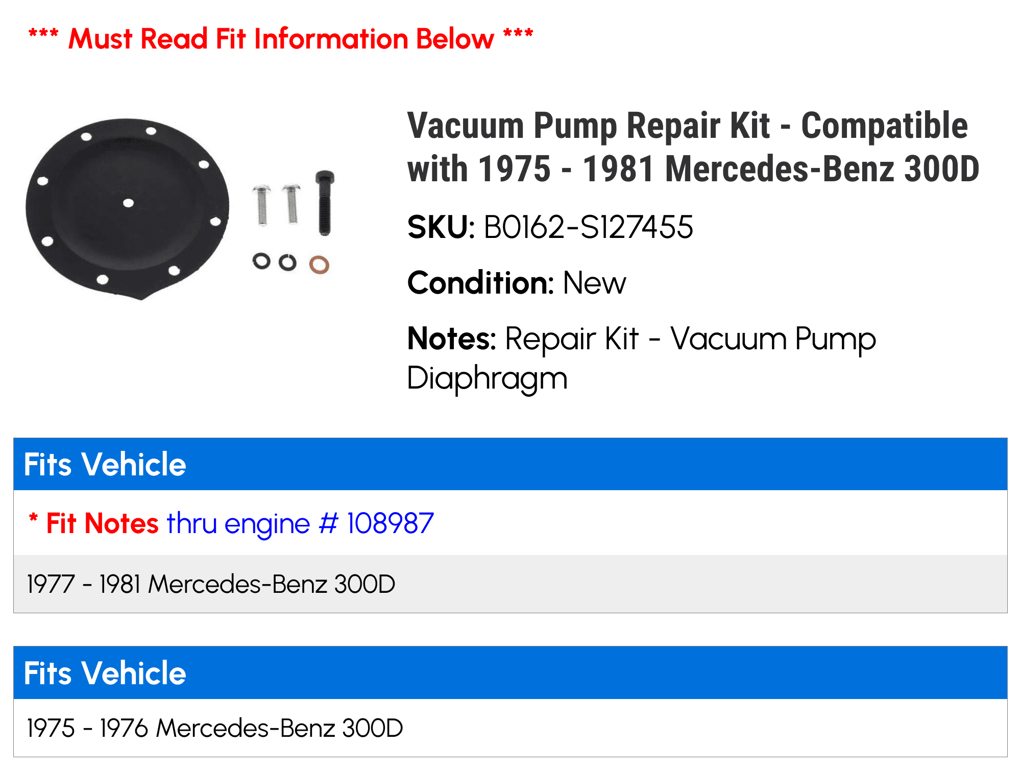 Vacuum Pump Repair Kit - Compatible with 1975 - 1981 Mercedes-Benz 300D 1976 1977 1978 1979 1980