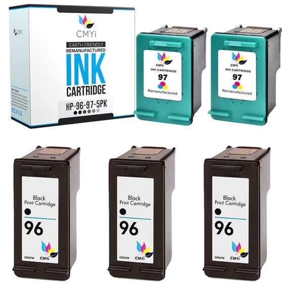 CMYi Ink Cartridges for Printers Compatible with 96 97, Designjet, Deskjet, Officejet & Photosmart Series (3 Black, 2 Tri-Color )