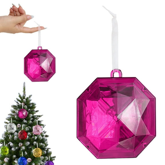 Pink Rhombus Jewel Christmas Ornament – 3.94 x 3.54 Inch Glitter Acrylic Hanging Decoration for Tree, Wedding, Holiday Party & Home Décor, Large Sparkling Ornament with Hanging Rope