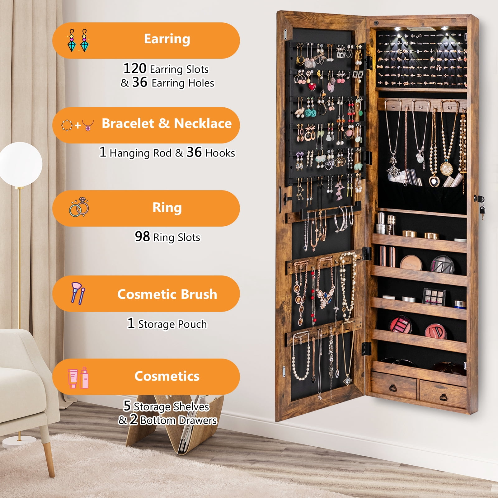 Patiojoy Lockable Wall Door Mounted Storage Organizer Mirrored Jewelry Cabinet w/ Lights Rustic Brown