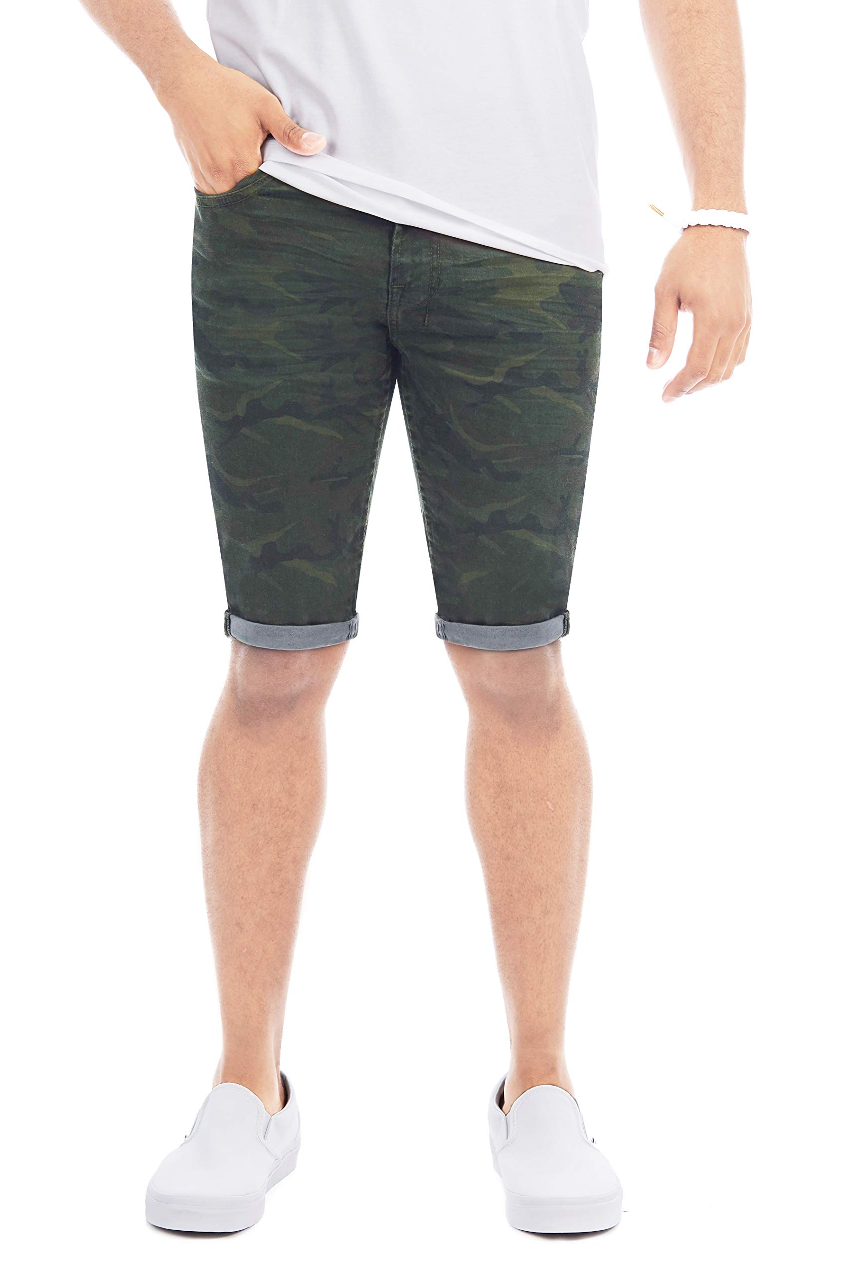X RAY Men's Rolled Up Denim Shorts, Stretch Slim Skinny Fit, Distressed, Ripped, Bermuda Jeans Short, Olive Camo, Size 38 - image 1 of 6