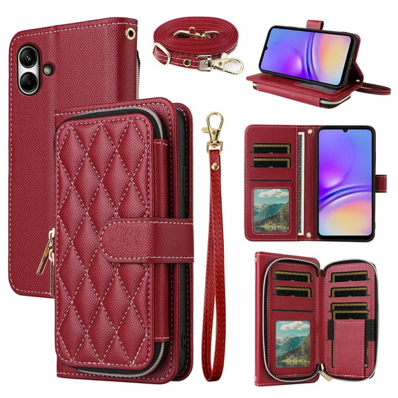 Dswteny Argyle Wallet Case for Samsung Galaxy A04 with Wrist Strap Shoulder Strap, Zipper Purse PU Leather Flip Credit Card Holder Stand Accessories Cell Phone Cover for Ao4 A 04 4G Women Girls Red
