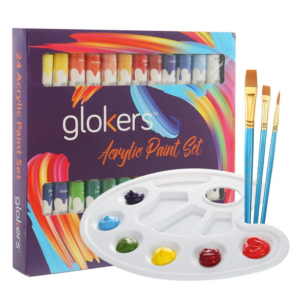 Glokers Acrylic Paint Set, 24 Color Craft Paint, with 3 Paint Brushes and Paint Palette