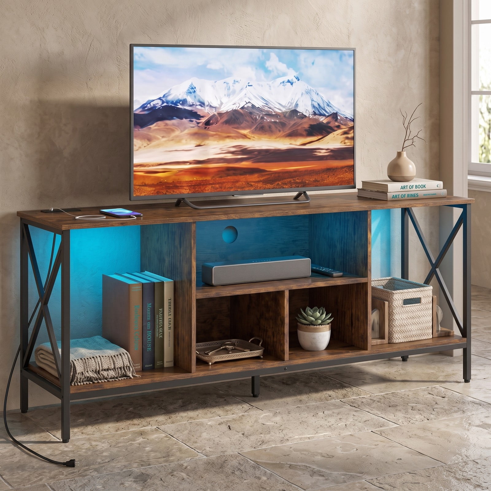 Furnibear LED TV Stand for 65 Inch TV, Entertainment Center with Power Outlets and USB Charging Station, Modern Media Console with 5 Open Shelves and, Rustic Brown