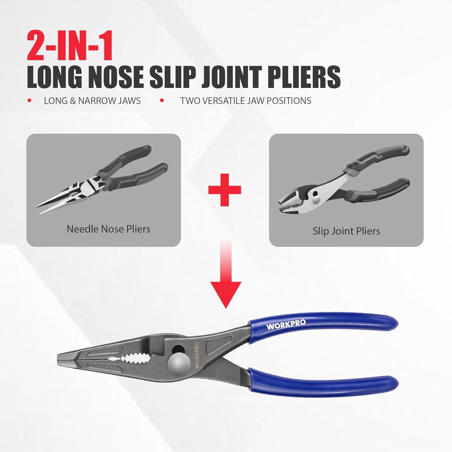 8'' Long Nose Slip Joint , CR-V Needle Nose with Comfortable Grip Handles, 3-Zone Serrated Jaw from Premium Steel for Clamping, Tightening and Loosening