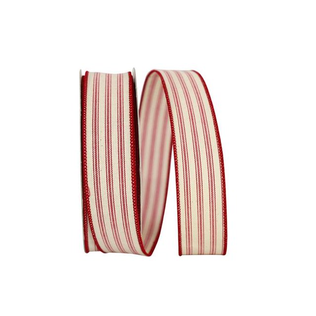 Reliant Ribbon 93424W-065-09H 10.5 in. 20 Yards Ticking Linen Stripe Wired Edge Ribbon, Red