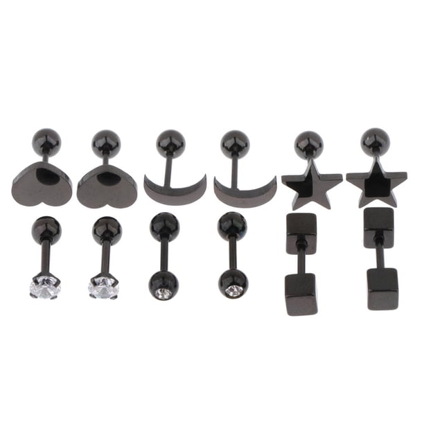 Aretes de acero inoxidable Fernando 6 Pares Negro 6mm