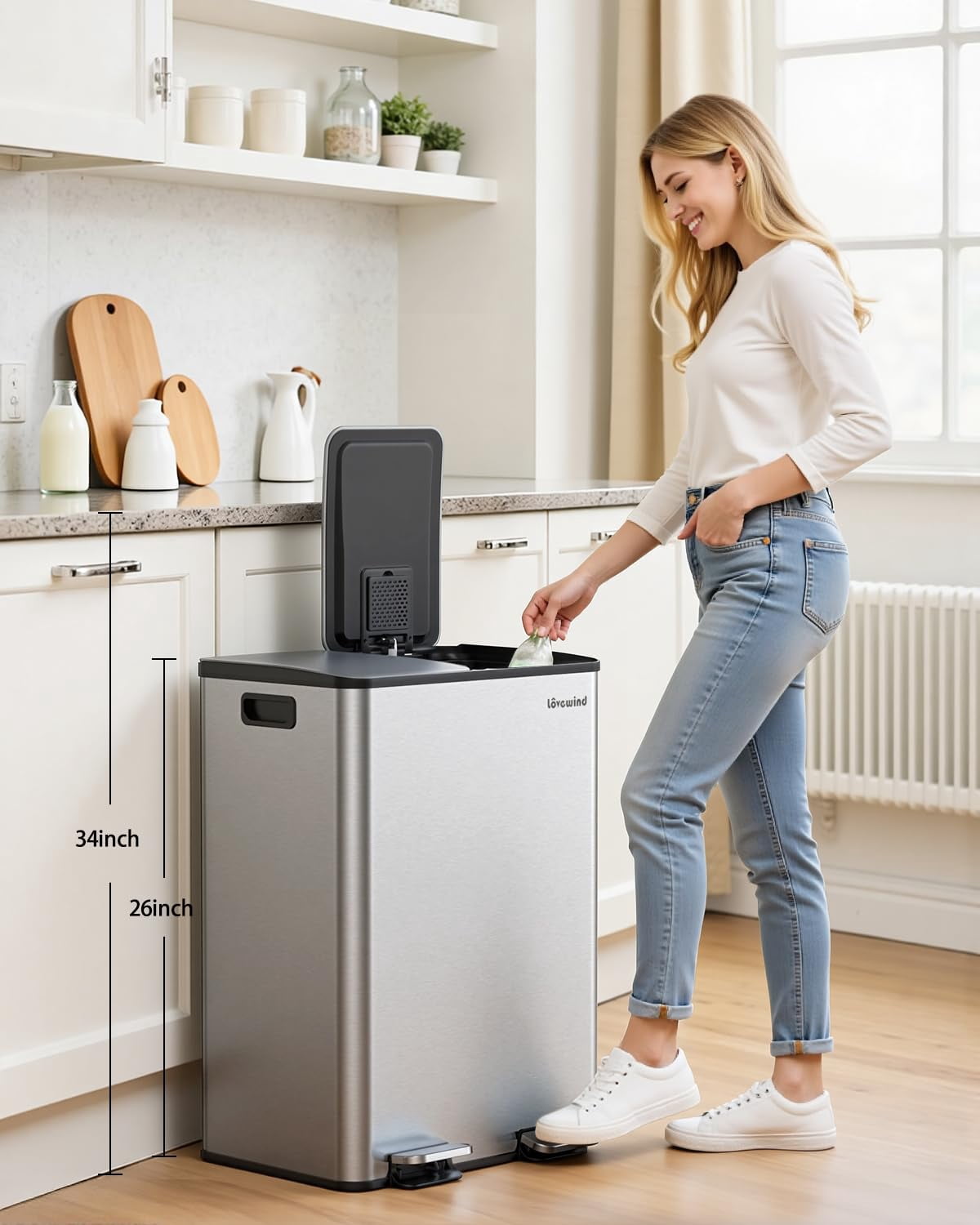 Dual Compartment Kitchen Trash Can, 2 x 8 Gallon (2 x 30 L) Stainless Steel Trash and Recycle Bin Combo with Soft-Close Lid, Dual Compartment Recycling Kitchen Step Trash Bin, Odor Proof, Hands Free,