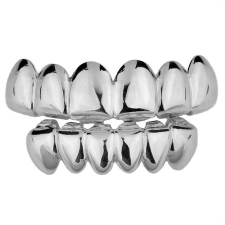 Grillz Set Deeper-Cut Teeth Silver Tone Grill Top 6 & Bottom Six Pre Made Grills