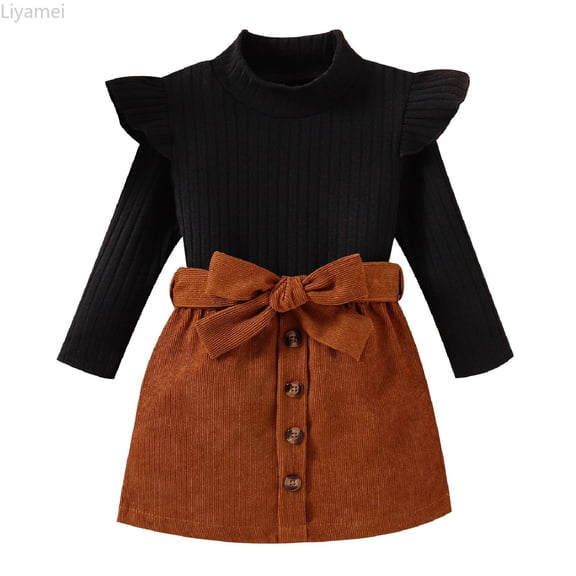 Liyamei Toddler Girls Ruffles Long Sleeve Ribbed Knitted Turtleneck T Shirt Tops Solid Bow Tie Skirt Outfits Girls Casual Sets Size Black 3-4 Years