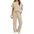 thumbnail image 3 of Women'S Two-Piece Casual Suit Travel Sportswear Short-Sleeved Wide-Leg Casual Sports Suit Apricot Suit S, 3 of 7