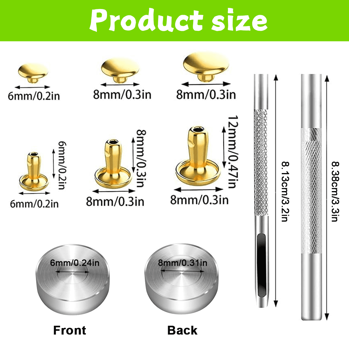 300 Sets Leather Rivet Set 4 Colors Double Cap Rivets For Leather 3 Sizes With Rubber Mallet Installation Tool Set 3 Pieces For Diy Leather Craft, Clothing, Shoes, Decoration And Repair
