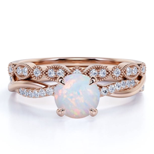 JeenMata Anillo de Bodas Vintage de 1,75 Uds con Ópalo de Fuego de Talla Redonda y Moissanita Engastado en Oro Rosa de 18 K sobre Plata