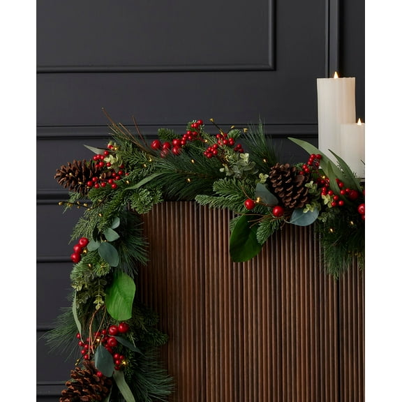9 ft Magnolia Leaf, Eucalyptus, and Red Berry Garland, Pre-Lit with LED Fairy Lights, Artificial Christmas Indoor Mantel Display, Tabletop Home Décor, Battery-Operated - by Seasonal LLC