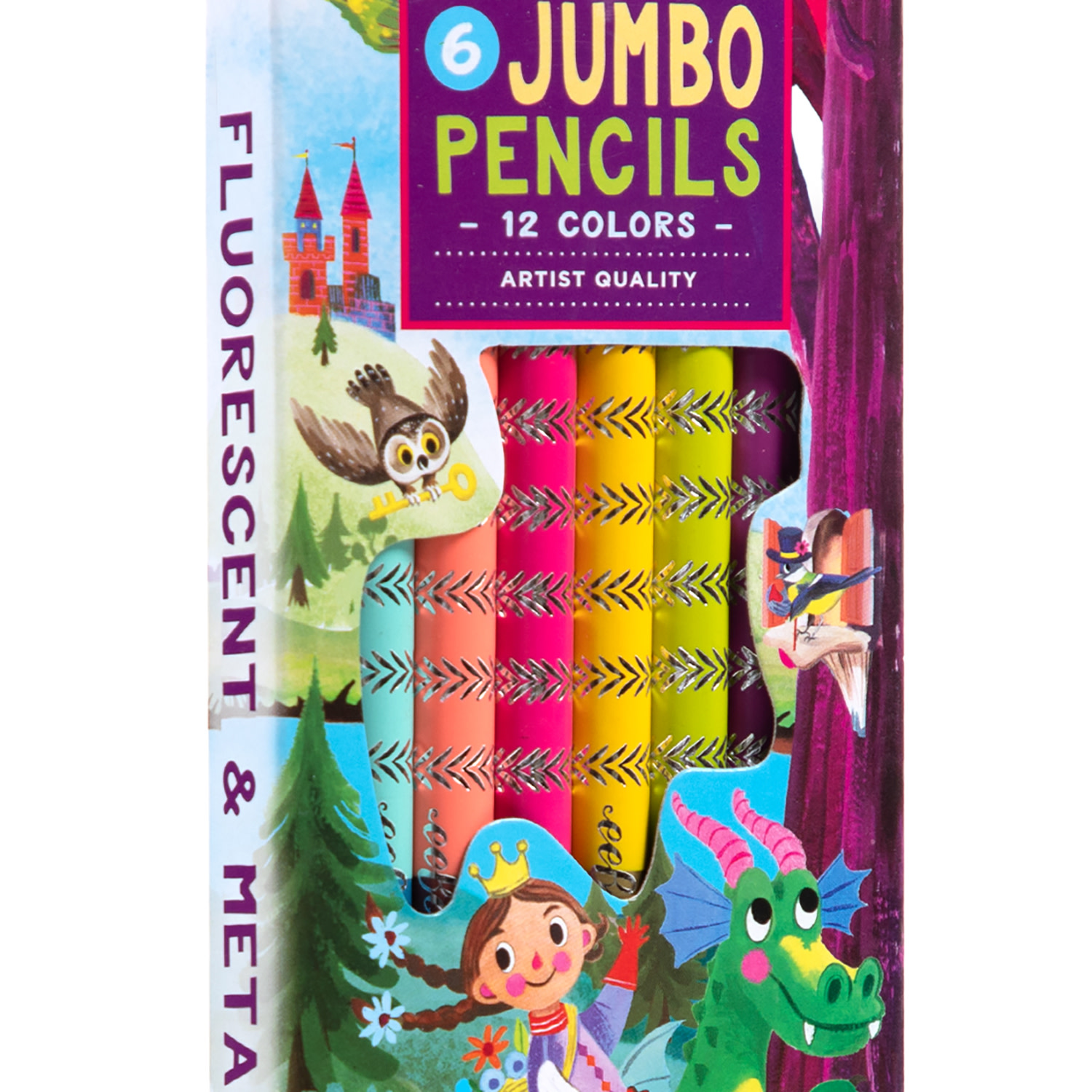 eeBoo: Jumbo Double-Sided Colored Pencils – Fairytale Dragon - 6pc, 12 Metallic & Fluorescent Colors, Sharpener, Chunky Foil Barrel, Kids Art Supplies