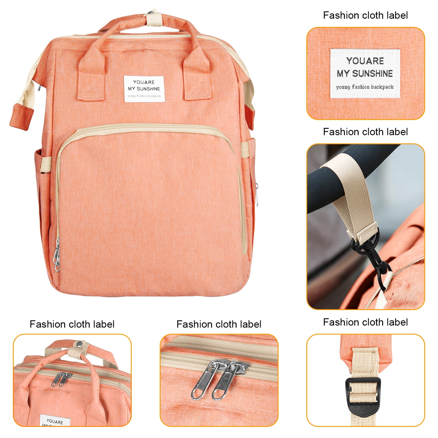 Diaper Bag Backpack,Multifunction Diaper Bag Backpack with Changing Station,Foldable Crib&Insulated Milk Bottle Pocket Large Capacity Baby Nappy Changing Bag Travel Backpack w/ Stroller Straps,Orange