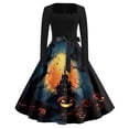 thumbnail image 2 of Halloween Dresses for Women Bat 1950s Square Neckline Spooky Dresses Spider Cocktail Long Sleeve Vintage Swing Dress with Belt 2XL, 2 of 5