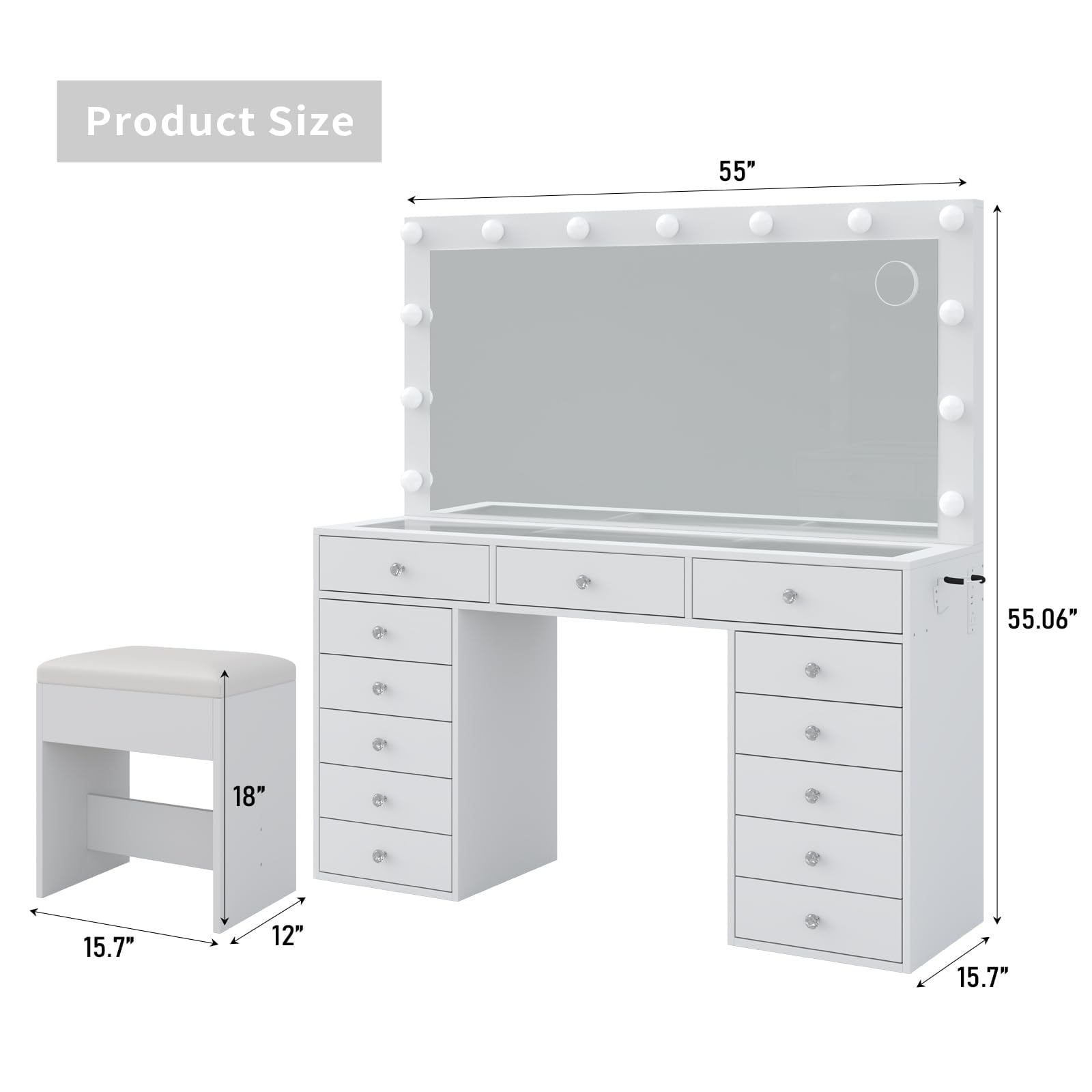 FUSOU 13 Drawers Vanity Desk, Makeup Vanity with Power Outlet, Vanity Table with Mirror and LED Bulbs, 3 Color Lighting Modes, Glass Top, Dressing Table for Bedroom