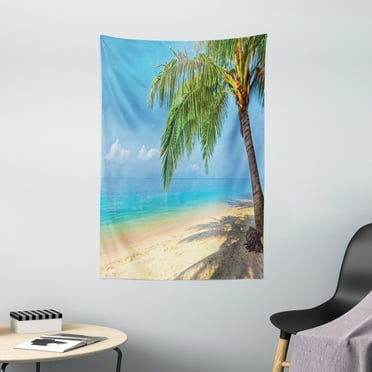 Landscape Tapestry, Tropic Botanic Image with Coconut Palms near Ocean Sea Beach Photo, Wall Hanging for Bedroom Living Room Dorm Decor, 40W X 60L Inches, Sky Blue Aqua Cream Green, by Ambesonne