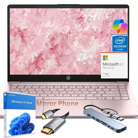 HP 14" HD Student Business Laptop, Intel Quad-Core N150, 16GB RAM, 128GB UFS, 1 Year Office 365, Slim Design, Webcam, HDMI, Bluetooth, WiFi, Win 11 S, Pink