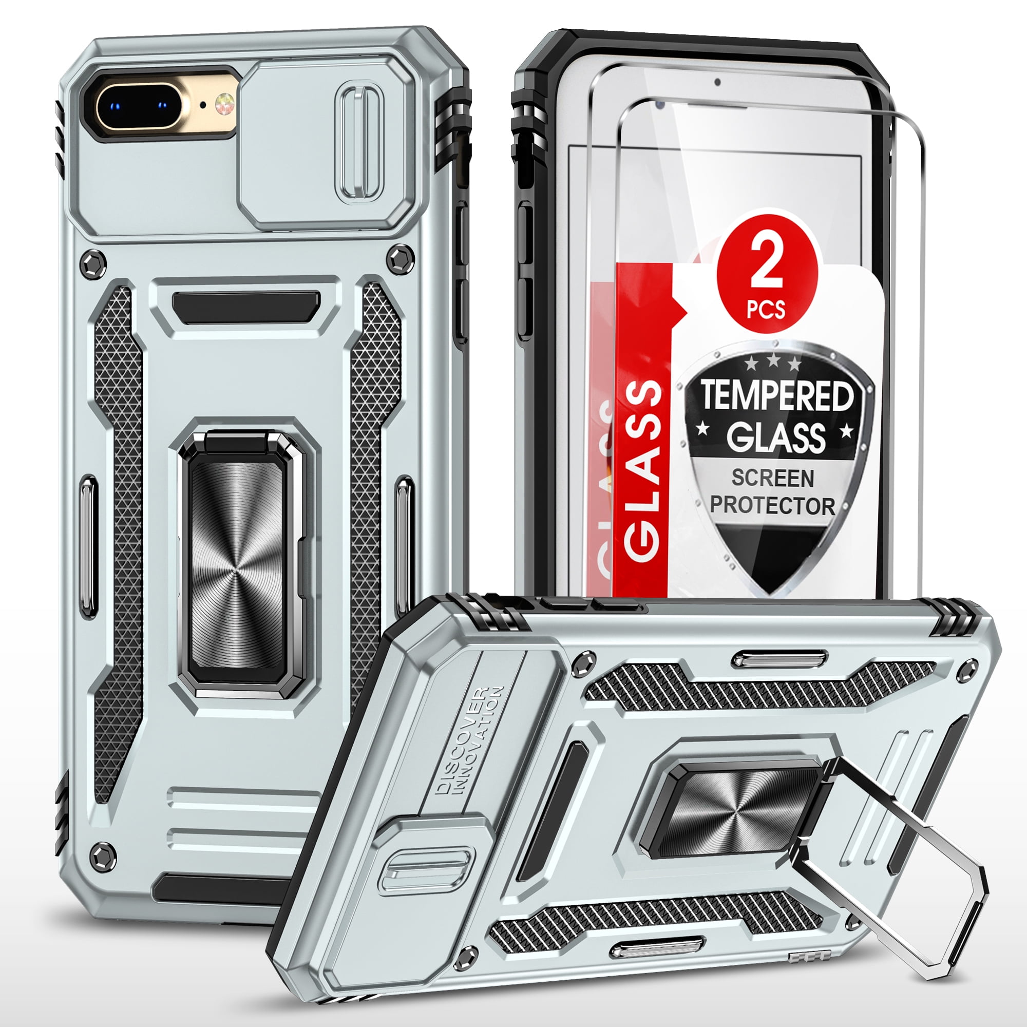 LeYi iPhone 8 Plus Case, iPhone 7 Plus Case with Screen Protector [2 Pack], [Slide Camera Cover Protection] Military Grade Shockproof Full Body Protective Cover for iPhone 7/8 Plus Case - Grey
