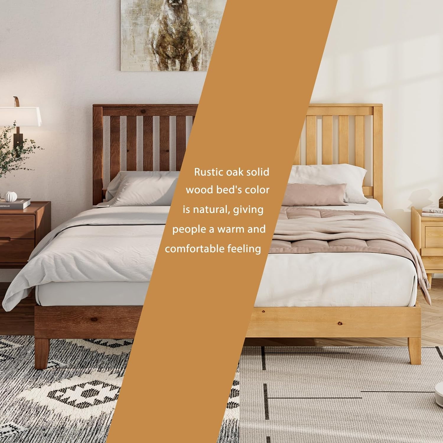 VanAcc King Size Bed Frame, Solid Wood Platform with Wooden Headboard for Bedroom, Natural