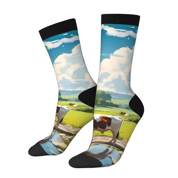 Saiise Countryside Farm Cow Print Unisex Crew Socks, Casual and Athletic Socks, Breathable Running Socks for Adults