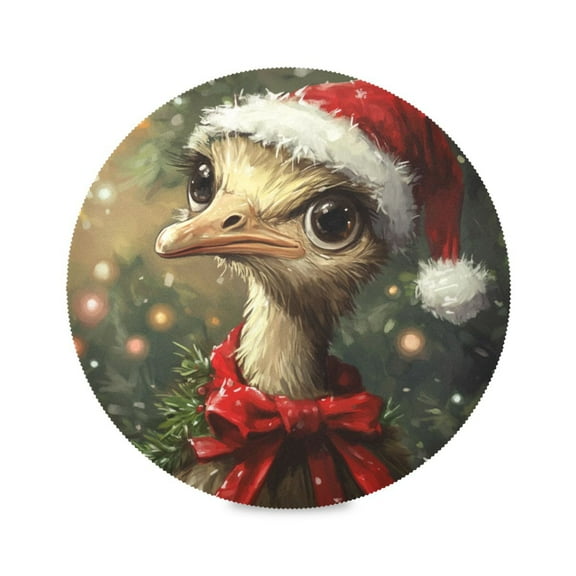 WOBOGO Ostrich with Christmas Elements Round Placemats Set of 6 Heat Resistant Washable Kitchen Table Decorations 15.4in