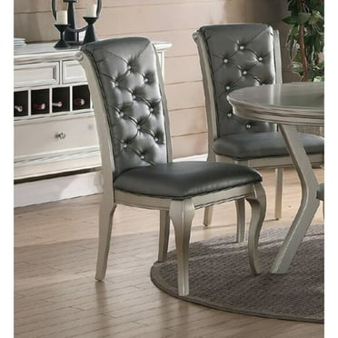 Set Of 2 Rubber Wood Dining Chair With Tufted Back, Gray And Silver - Saltoro Sherpi