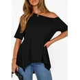 thumbnail image 4 of PRETTYGARDEN Off The Shoulder Tops for Women Summer Short Sleeve Asymmetrical Oversized Tee Shirts Casual Spring Clothes, 4 of 10