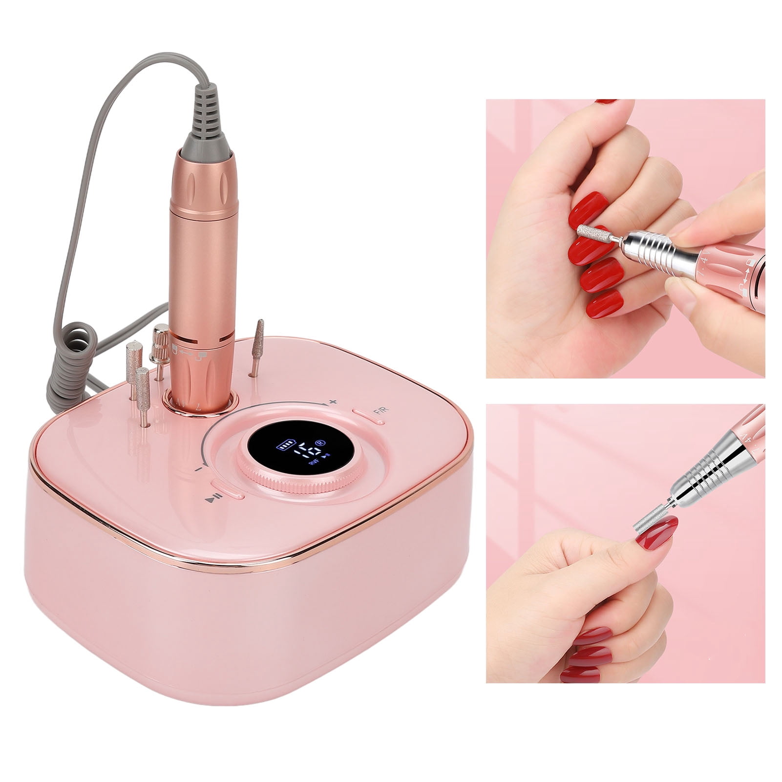 Suodoka Nail Grinding Machine 35000RPM LED Low Noise Rechargeable Portable Rose Gold Nail Drill File Machine Kit (9.45 inches / 24 cm)