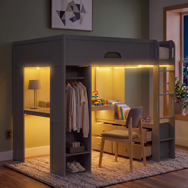 Full Versatile Loft Bed with L-Shaped Desk, LED Light Strip & Charging Station, Storage Kids Bed Frame with Drawers & Wardrobe