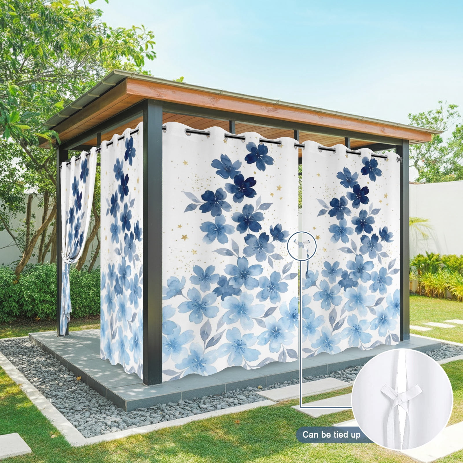 Blue Cherry Blossom Outdoor Curtains for Patio, Watercolor Floral Botanical Sunshade Privacy Drapes Grommet Waterproof Outside Curtains for Porch/Cabana/Balcony 54"x 108", 1 Panel