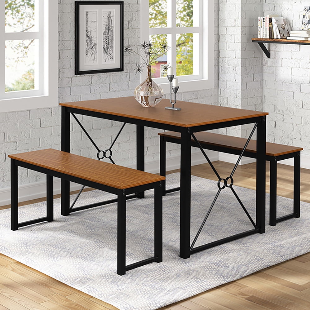 Kepooman 3 Pieces Metal Modern Dining Table Set with 2 Benches, Black