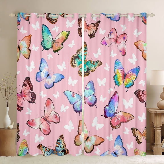 jejeloiu Flying Butterfly Black Out Curtains,Cute Multicolor Butterflies Curtains Pack of 2 (42x63 Each),Colorful Animals Bedroom Curtains For Girl,Ultra Soft Home Decor