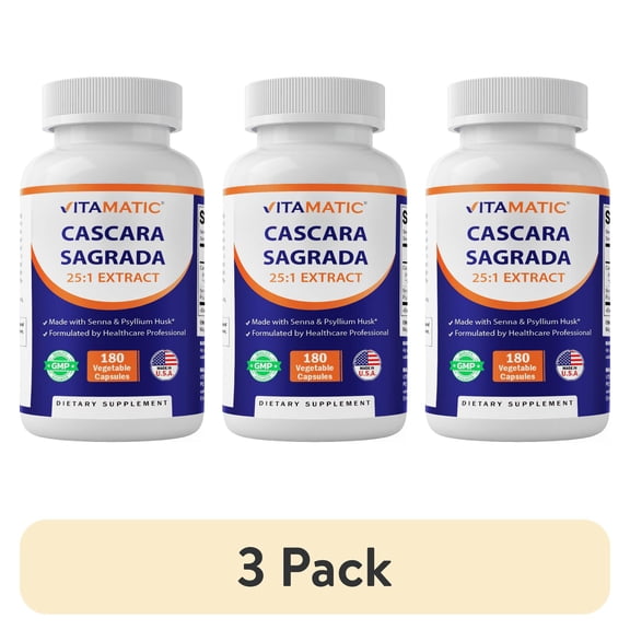 (3 pack) Vitamatic Cascara Sagrada 25:1 Extract, 5000 mg Equivalent Strength Per Serving, Made with Senna & Psyllium Husk - 180 Veg Capsules - Concentrated 25X Potency - All Natural - Non-GMO