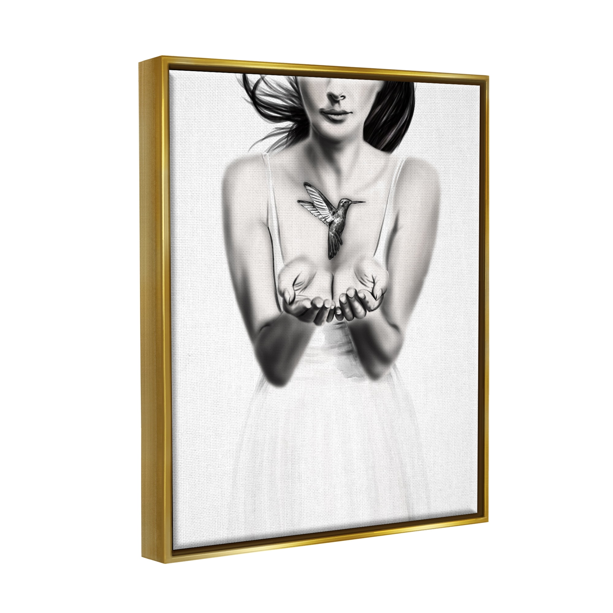 Stupell Industries Girl with Hummingbird Animals & Insects Painting Gold Floater Framed Art Print Wall Art, 17 x 21