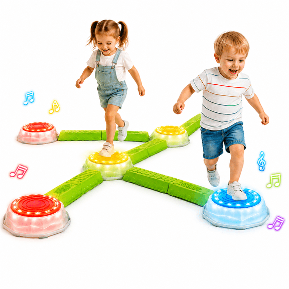 INSMART Balance Beam Stepping Stones Set for Kids, Music & Light up Non‑Slip Plastic Balance Toys, 5 Foot Stones 10 Beams for Indoor & Outdoor Play