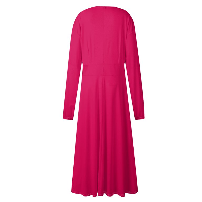 Women's Autumn Winter Casual Round Neck Long Sleeve Solid Color Long Dress,  Fuchsia, Size XL - Walmart.com