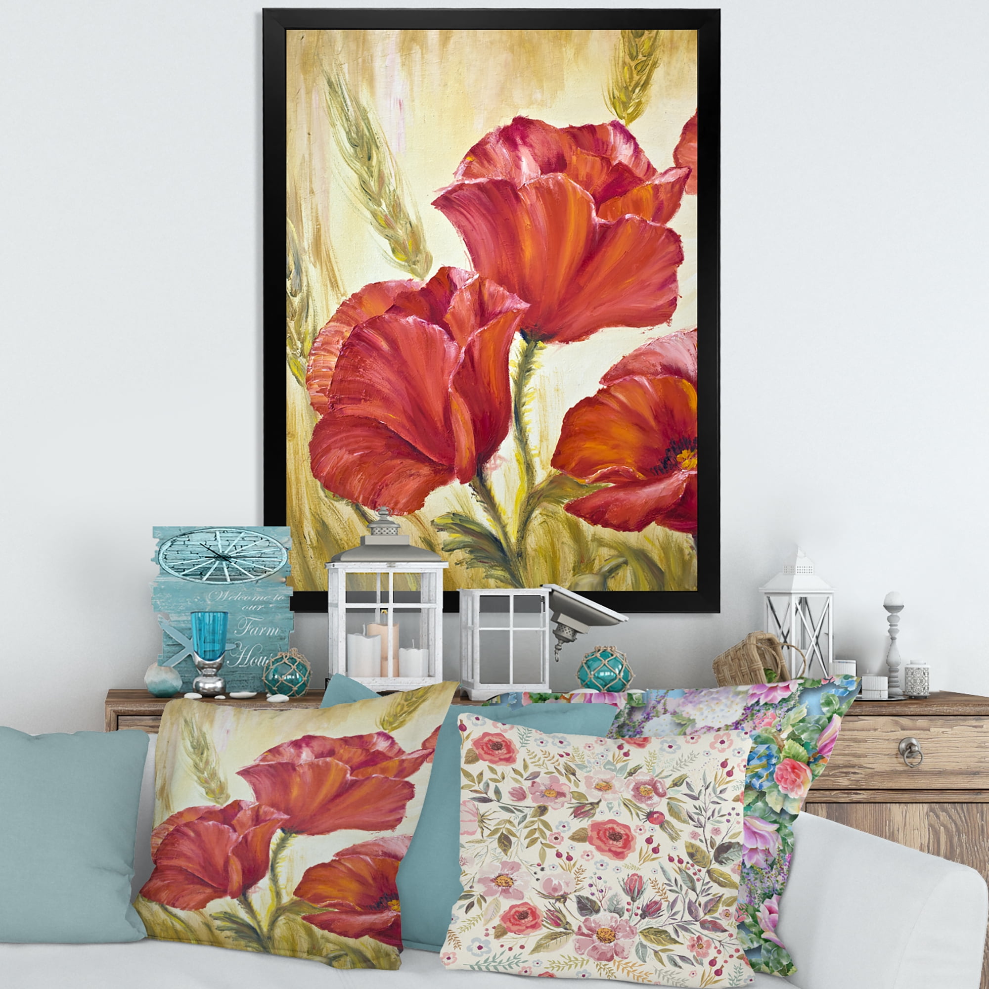 Designart 'Blossoming Red Poppies In Wheat Fields II' Traditional Framed Art Print