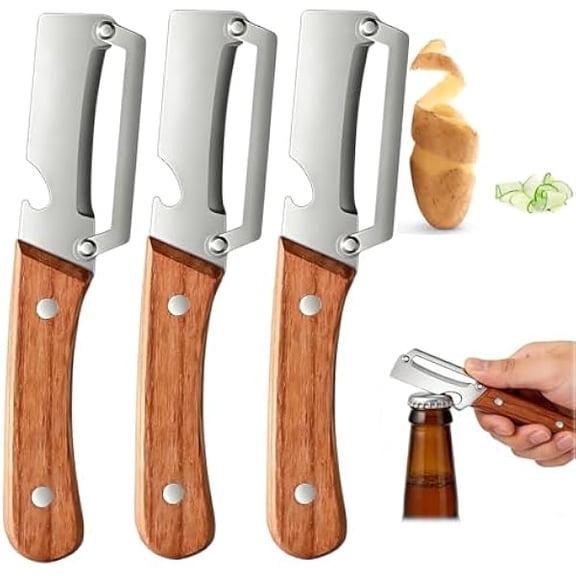 3 Pack Multi-Functional Vegetable Peeler for Kitchen, 2 in 1 Ultra-Sharp Stainless Steel Blade with Ergonomic Wooden Handle & Bottle Opener, Premium Kitchen Tool for Potato, Apple, Carrot