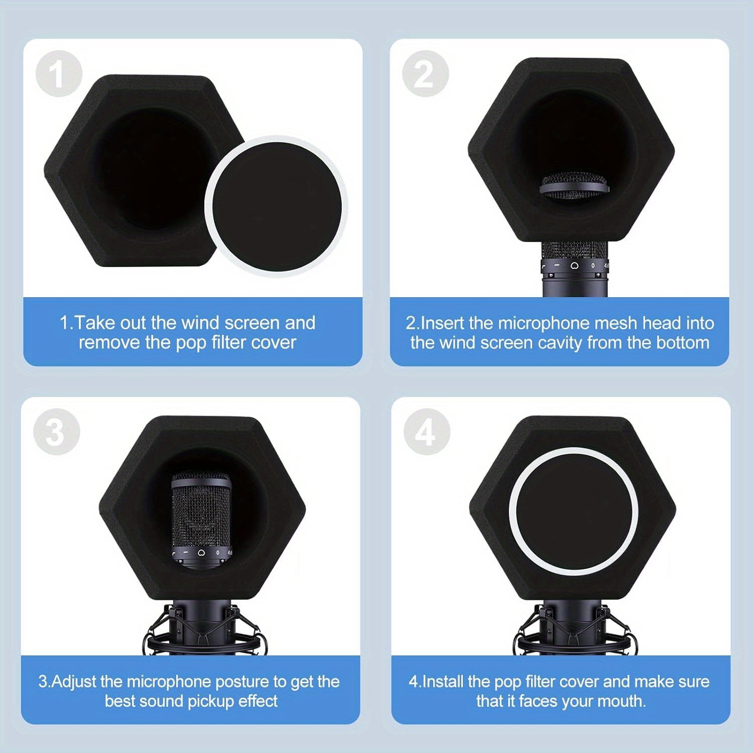 Professional Studio Microphone Windscreen Pop Filter Ball with 5-Sided Sound-Absorbing Foam & Octagonal Windshield - Reduces Noise, Pops, Breath Sounds, Echoes - Black