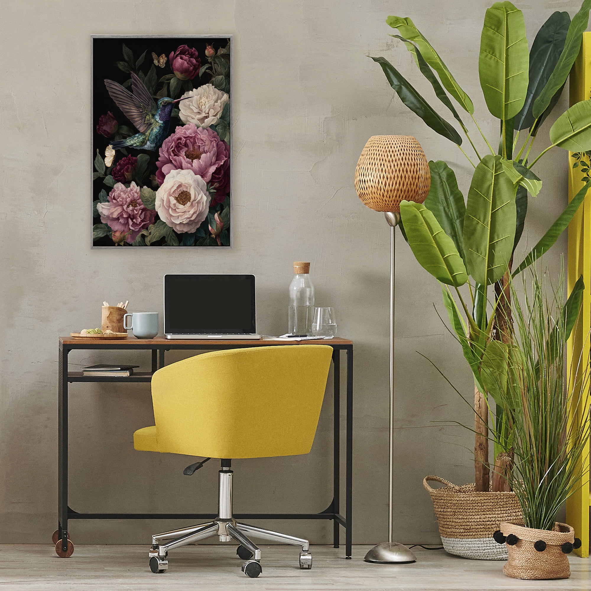 Stupell Industries Hummingbird & Lush Peonies Gray Framed Giclee Art, design by The Wands Want