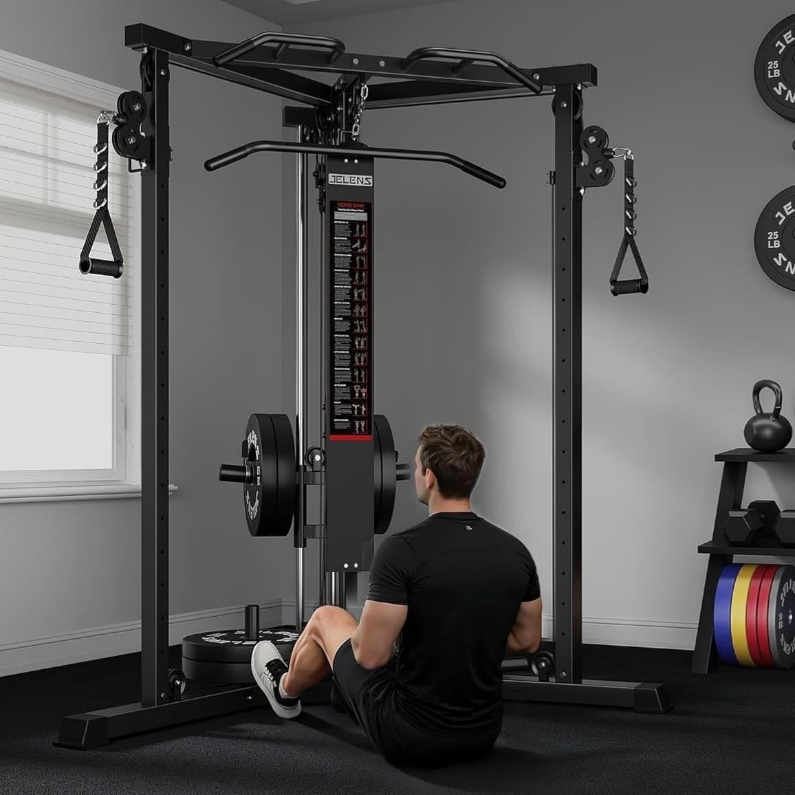 Power Cage with Cable Crossover System,Functional Trainer with High and Low Pulley System for Chest Fly, Power Rack with LAT Pulldown and Seated Cable Row for Home Gym,Black