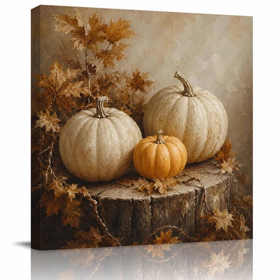 Thanksgiving Pumpkin Fall Harvest Canvas Artwork Painting Art, Country Maple Leaves Square Framed Wall Decorations Prints Picture for Bedroom Kitchen Living Room, 8x8 in