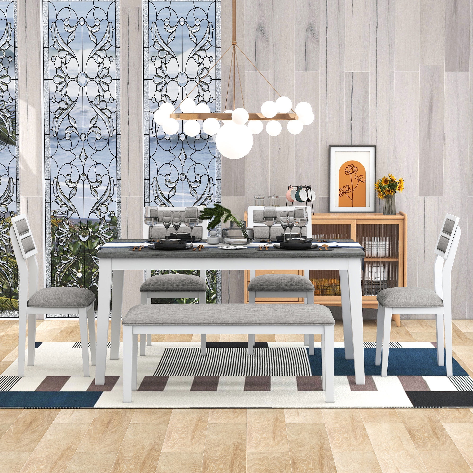 Howcool Classic Traditional 6-Piece Dining Set, Table, 4 Upholstered Chairs & Bench, White + Gray