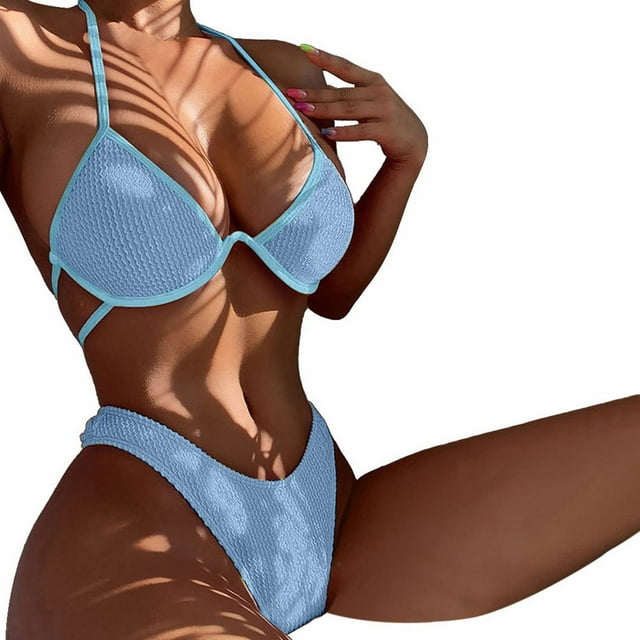 B91xZ Bikini Ensembles pour Femmes 2 Pcs Haut à Bretelles Spaghetti Maillot de Bain String, Bleu L
