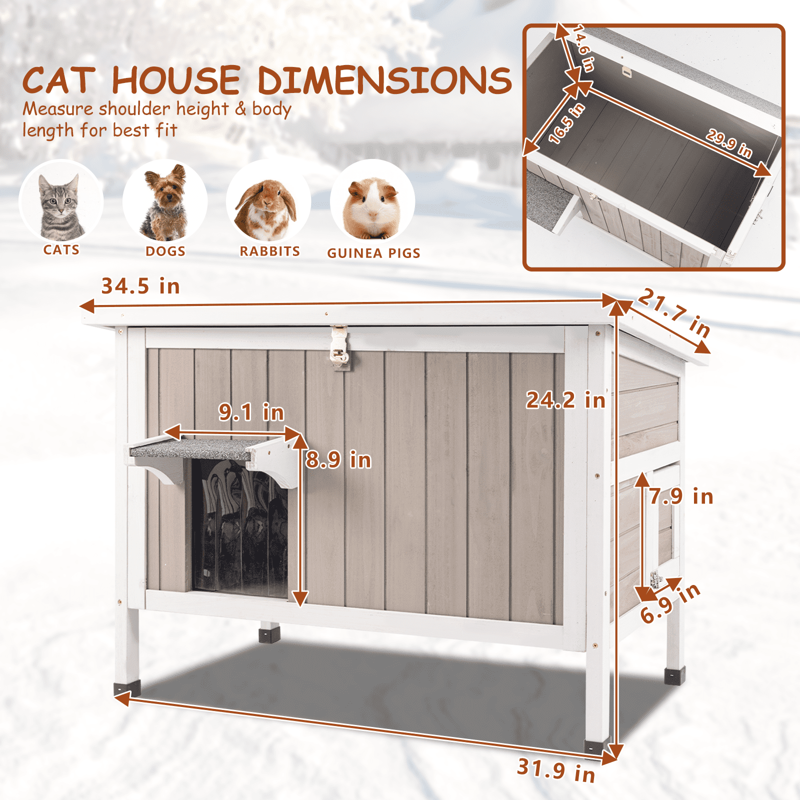 Gowoodhut Cat House Insulated Wooden Cat Shelter for Outdoor with Escape Door, Gray