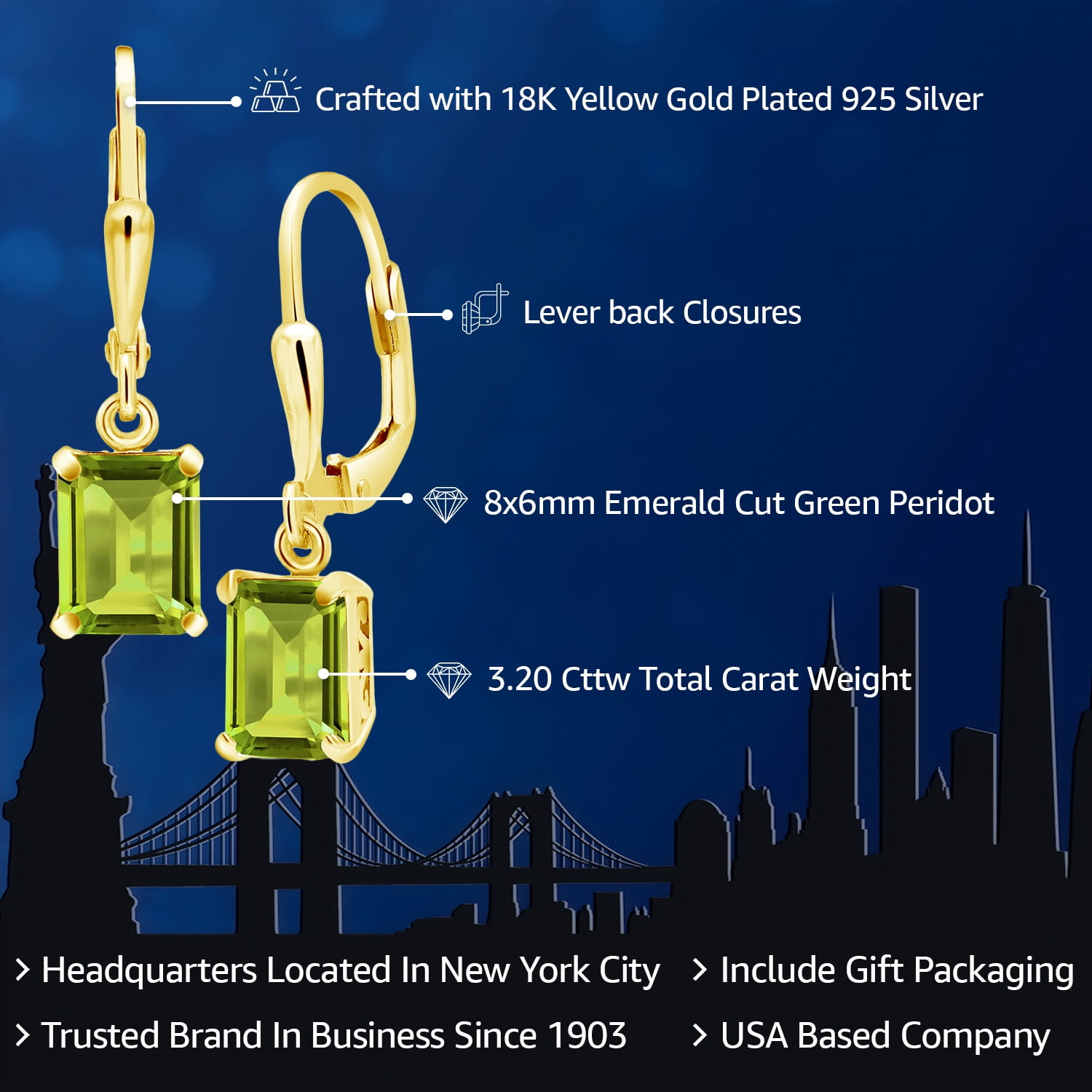 Gem Stone King 18K Yellow Gold Plated Silver Green Peridot Dangle Earrings for Women (3.20 Cttw, Gemstone August Birthstone, Emerald Cut 8X6MM)