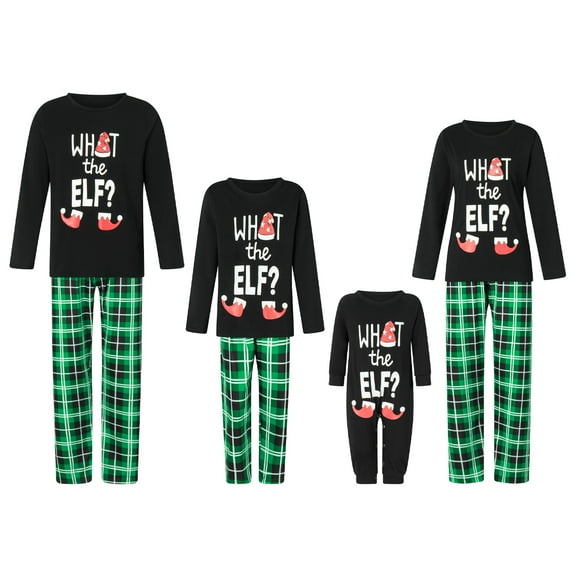 Family Matching Christmas Pajamas, Elf Letter Print Long-Sleeve Tops Plaid Pattern Trousers Glow at Night Sleepwear